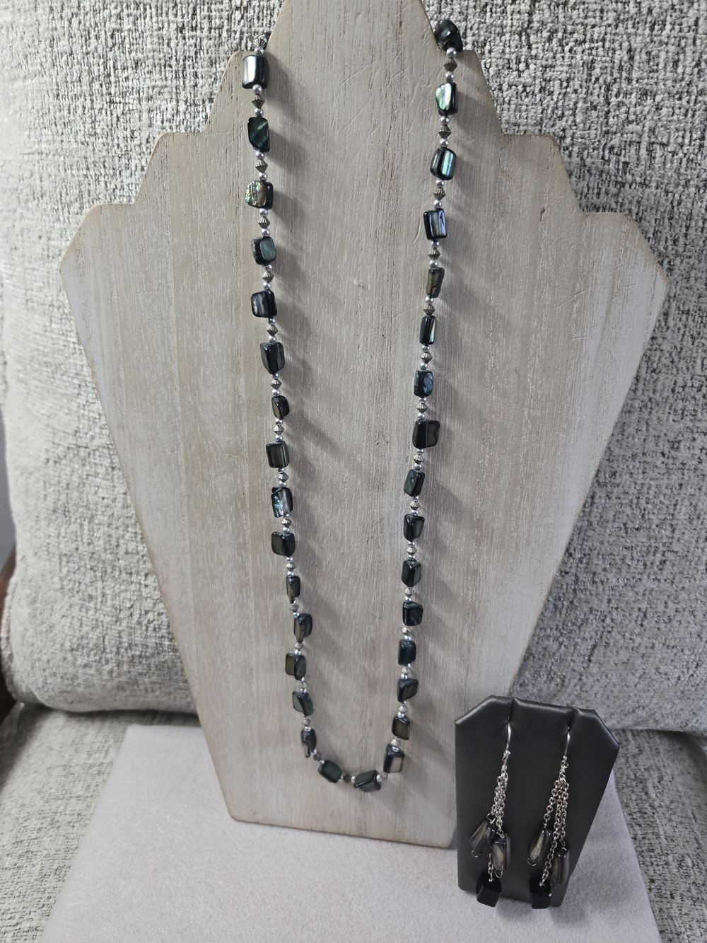 Spanish Iridescent Black-Green Abalone Bead Long Necklace with Matching Earrings